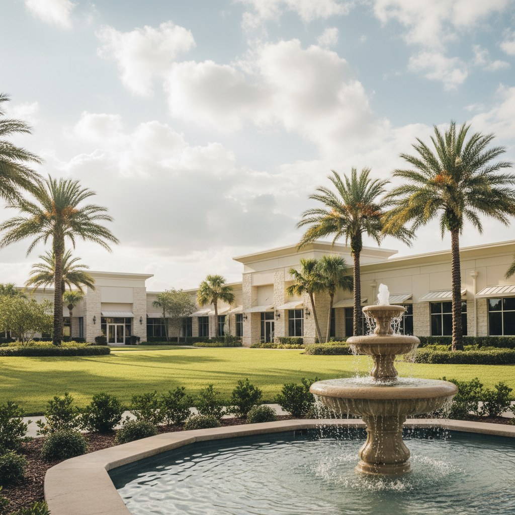 Central Florida low-rise office park with palms, fountain, and partly cloudy morning sky